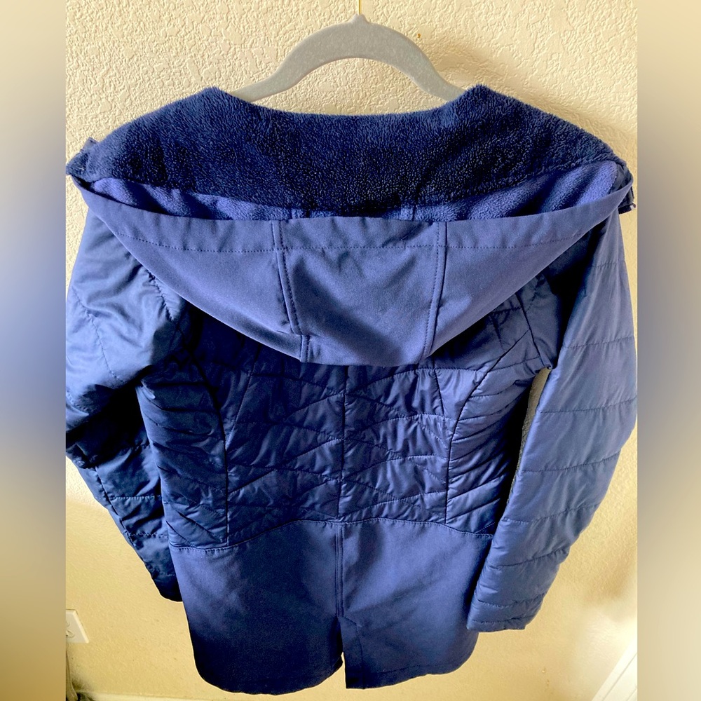 Columbia Navy Blue Mid thigh length Puffer Jacket lightweight contoured fit XS - Picture 6 of 14